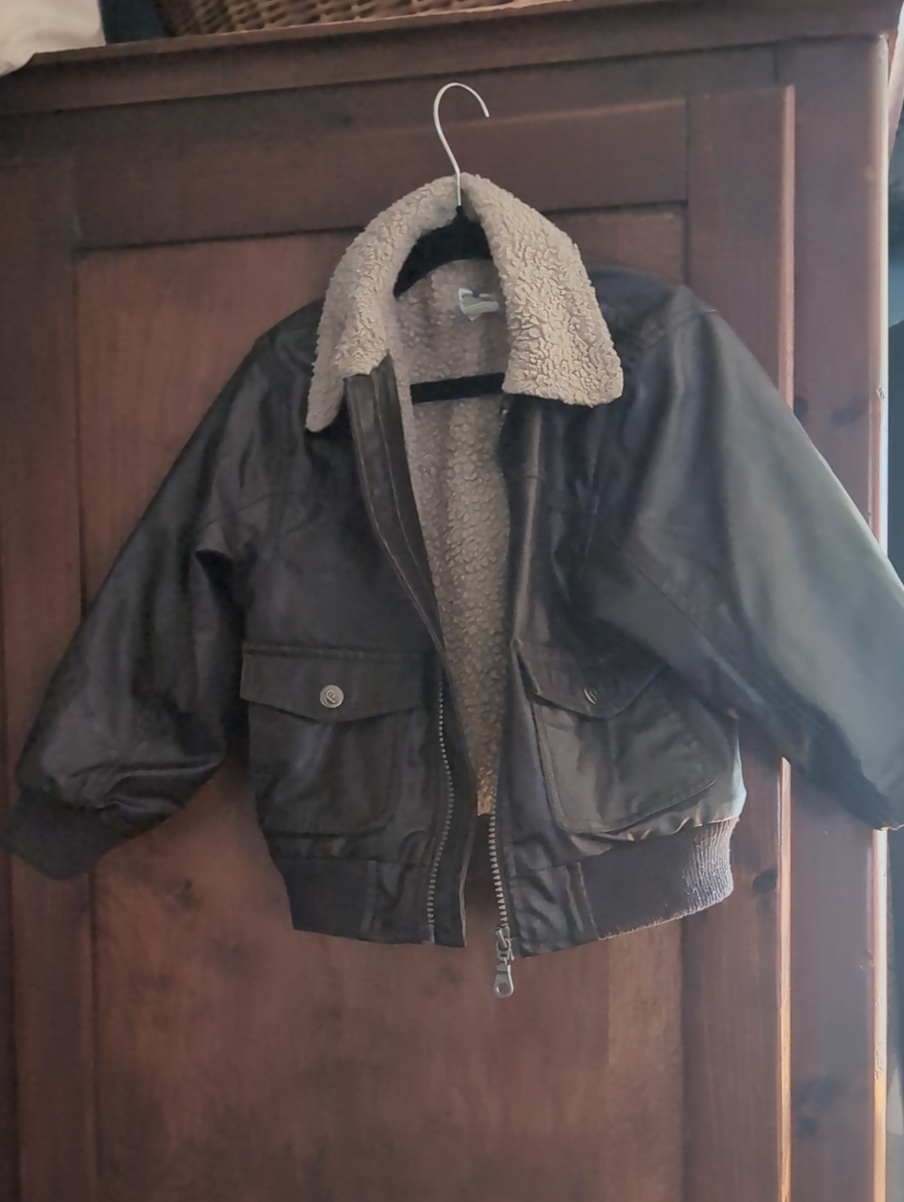 Kids Brown Faux-Leather Sherpa-Lined Bomber Jacket